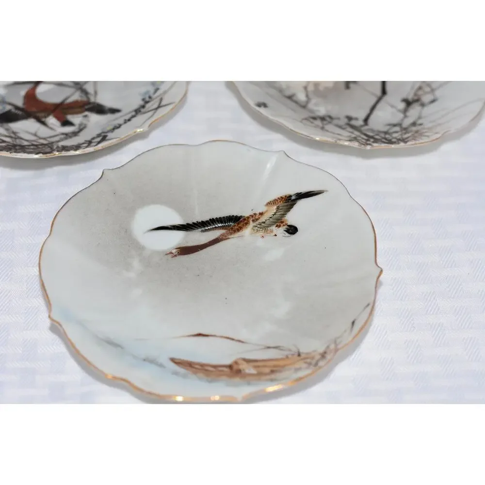 3 - Kutani Japanese Birds Egg Shell Scalloped Porcelain Dessert Plates